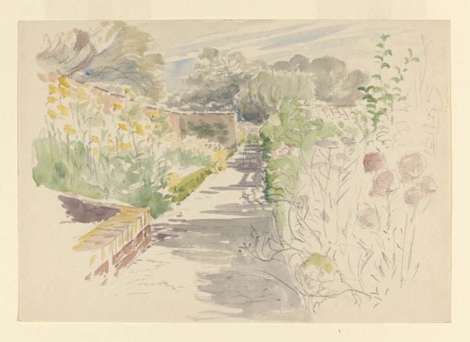 Garden at Gwaynynog Hall Denbighshire later home of the Flopsy Bunnies probably March 1909 Watercolour and pencil on paper given by the Linder Collection Victoria and Albert Museum