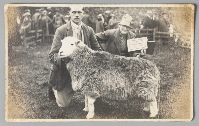 Tom Storey and Beatrix Heelis with prize winning ewe 26 September 1930 Photographic print published by the British Photo Press National Trust