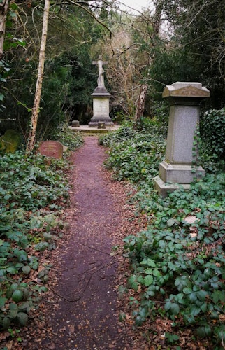 Overgrown path to stone cross memorial Old Barnes Cemetery